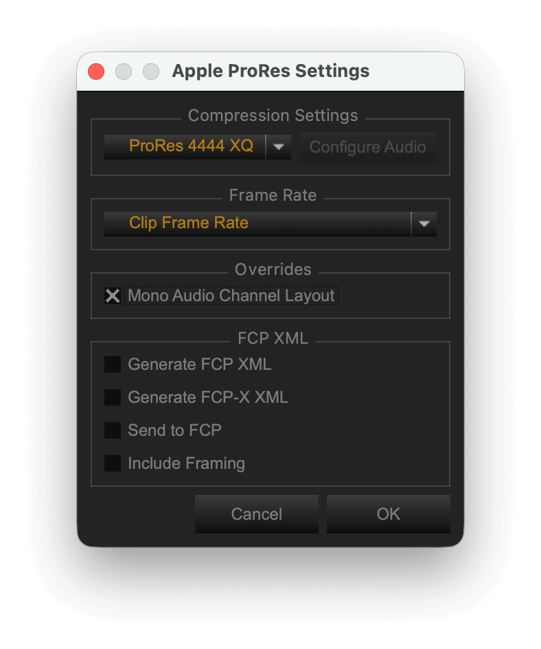 Apple ProRes设置页面示例